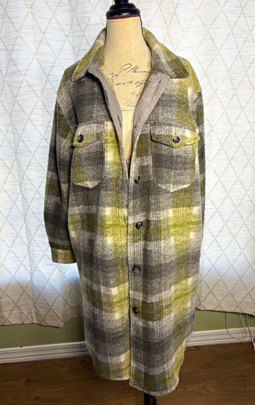 Joie Women's Gray/Green Plaid Long Shacket Button Front w/ Pockets, Size L